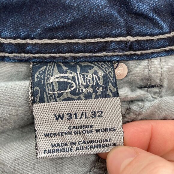 Silver Jeans Suki Boot Women's 31x32 Dark Wash Blue Stretch Denim Bootcut Grunge - Picture 6 of 16